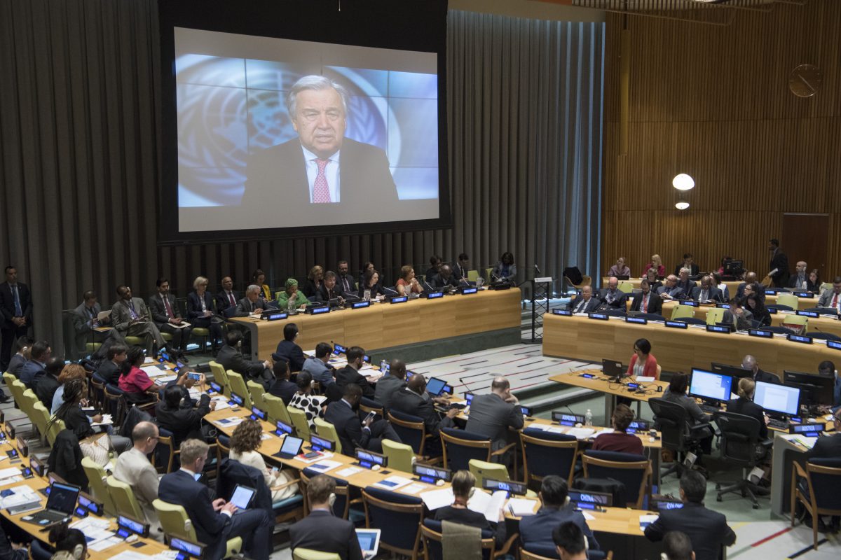 Secretary-General Antonio Guterres addresses a meeting virtually at United Nations headquarters