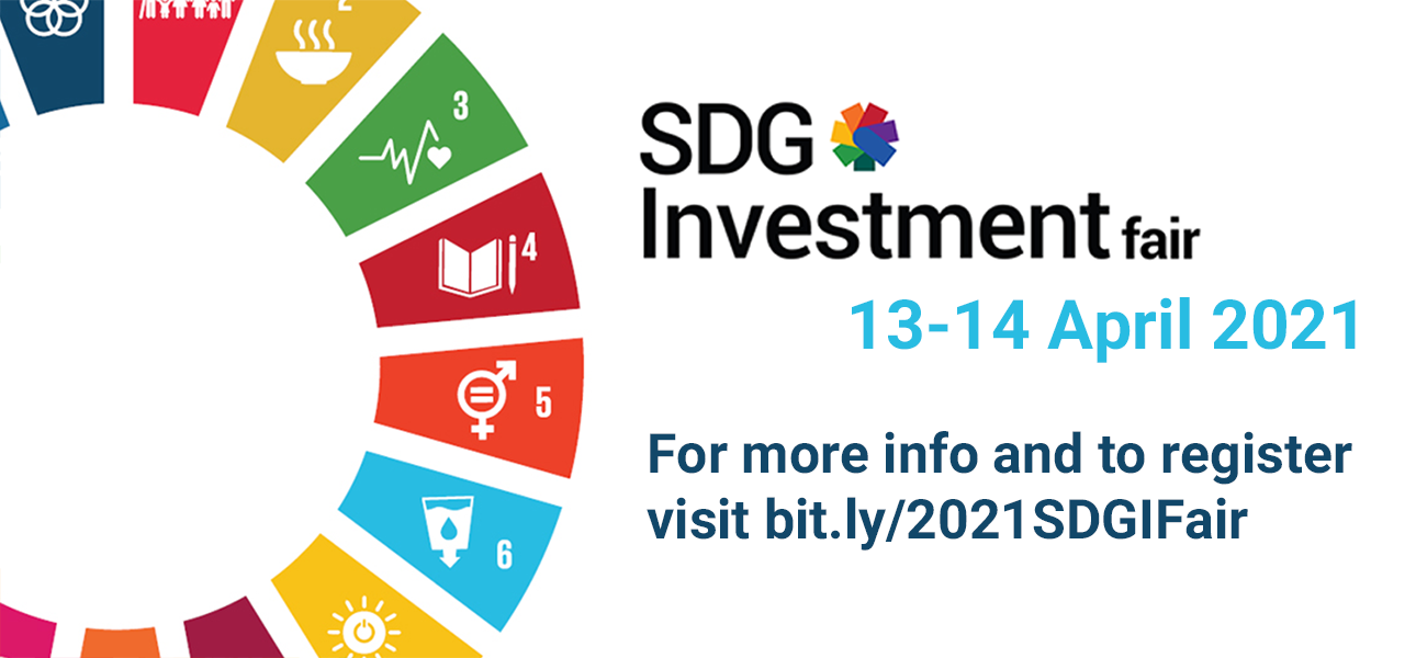 An image of the SDG wheel is accompanied by text reading SDG Investment Fair, 13-14 April 2021