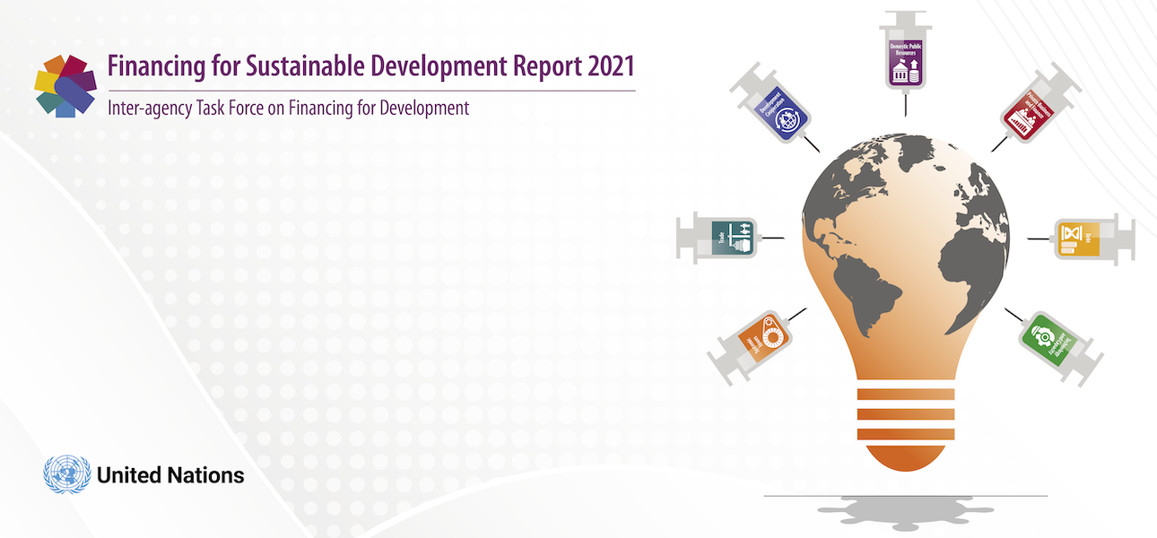 The cover of the Financing for Sustainable Development Report, featuring a map of the world in the shape of a lightbulb surrounded by vaccine vials with each of the FfD topics.
