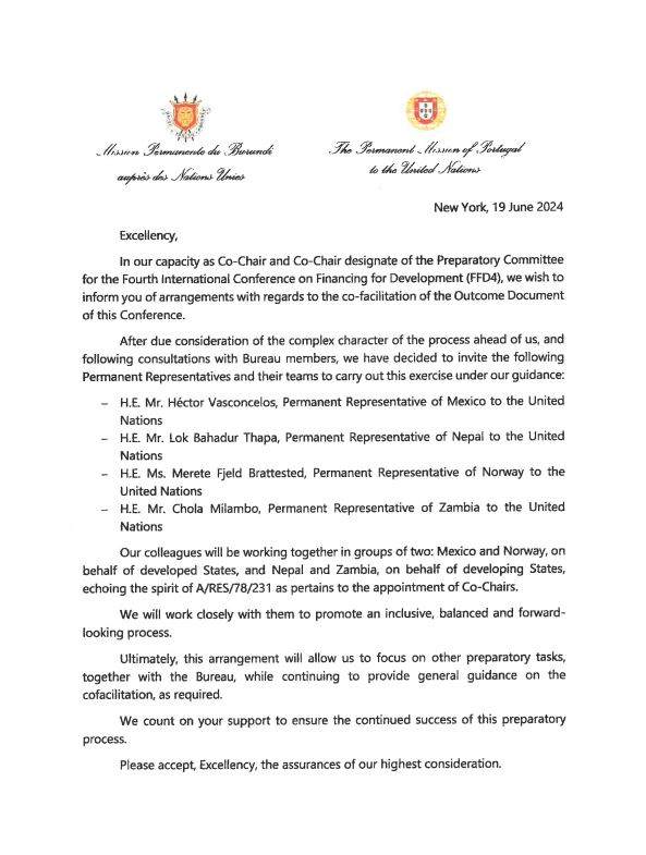 Co-Chair Signed Letter appointing the FfD4 Co-Facilitators