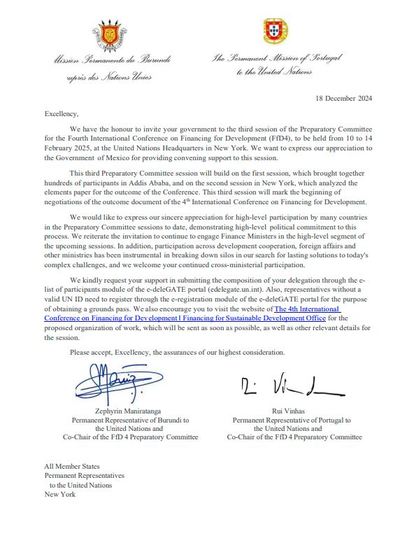Signed Invitation Letter for the third session of the Preparatory Committee from Rui Vinhas, Permanent Representative of Portugal and Zephyrin Maniratanga, Permanent Representative of Burundi