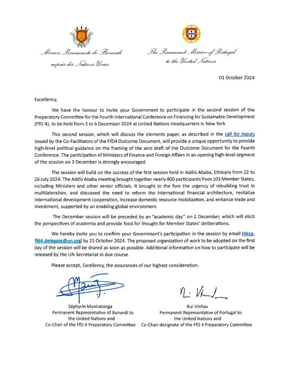 Signed Invitation Letter for the second session of the Preparatory Committee from Rui Vinhas, Permanent Representative of Portugal and Zephyrin Maniratanga, Permanent Representative of Burundi