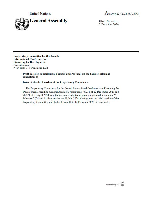 Draft decision on ‘Dates of the third session of the Preparatory Committee’ adopted by the Preparatory Committee for the 4th International Conference on Financing for Development on 3 December 2024