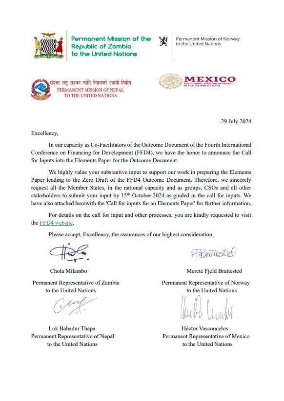 Letter Calling for Inputs from Co-Facilitators (PR’s of Mexico, Nepal, Norway and Zambia)