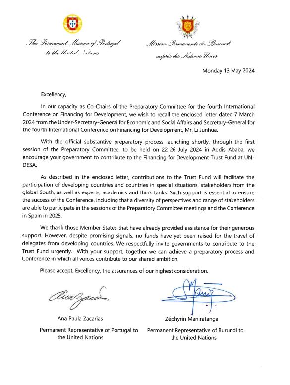 Signed Fundraising Letter from Ana Paula Zacarias, Permanent Representative of Portugal and Zephyrin Maniratanga, Permanent Representative of Burundi