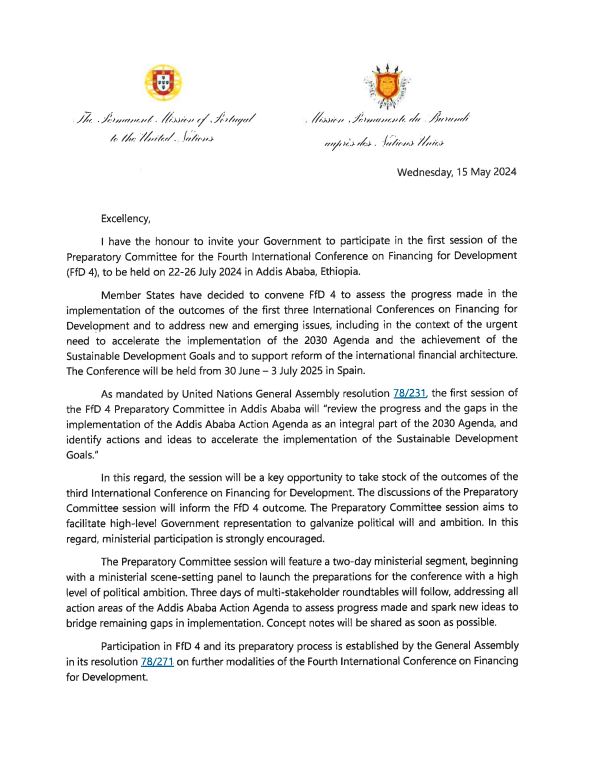 Signed Invitation Letter for the first session of the Preparatory Committe, from Ana Paula Zacarias, Permanent Representative of Portugal and Zephyrin Maniratanga, Permanent Representative of Burundi
