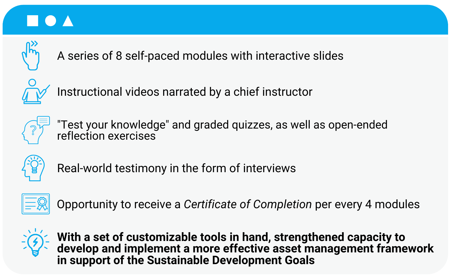 List of features in the IAM MOOC