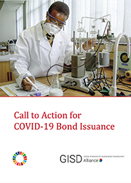 Scientist with mask works in a lab on cover of Call of Action for COVID-19 Bond Issuance