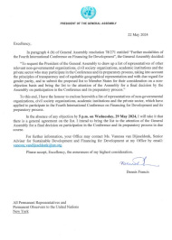 Letter to Member States from the President of the General Assembly regarding Accreditation for FfD4