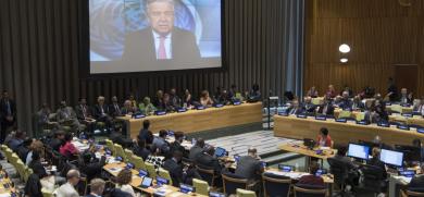 Secretary-General Antonio Guterres addresses a meeting virtually at United Nations headquarters